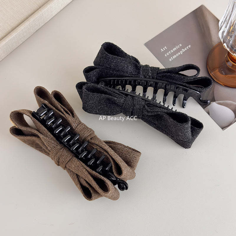 E廠-秋冬毛呢雙面蝴蝶結香蕉夾女後腦勺高馬尾髮夾氣質鯊魚夾頭飾髮卡「27708」25.11-3