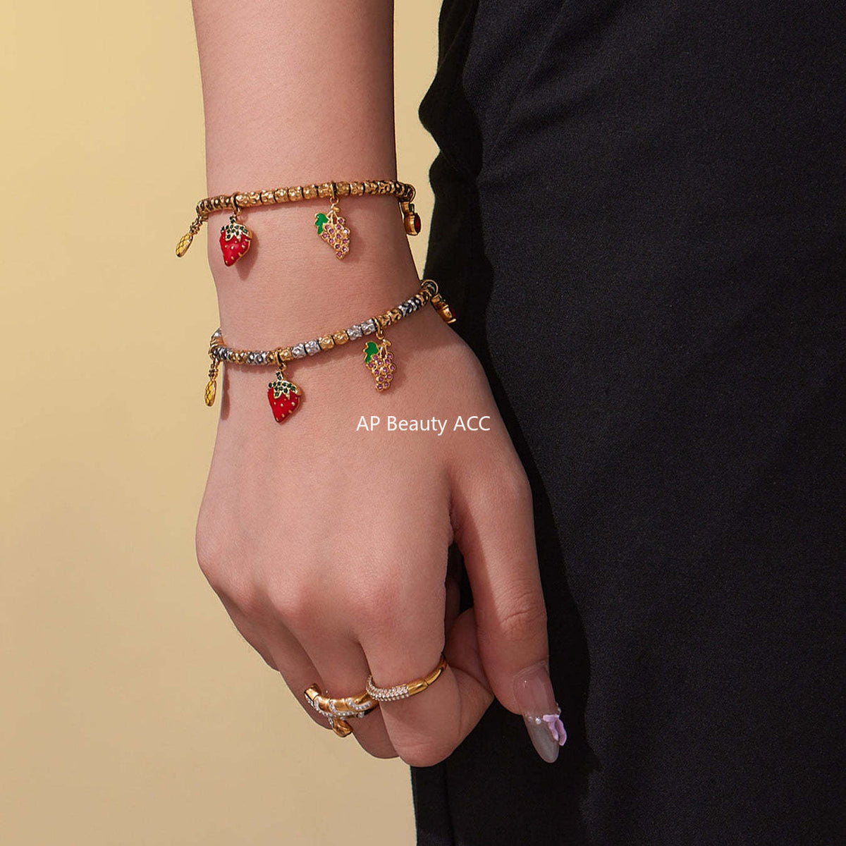 B廠-跨境新款不鏽鋼小辣椒太陽多配件壓紋鋼珠手鍊組合鍍18k金「E699-E700」25.10-5