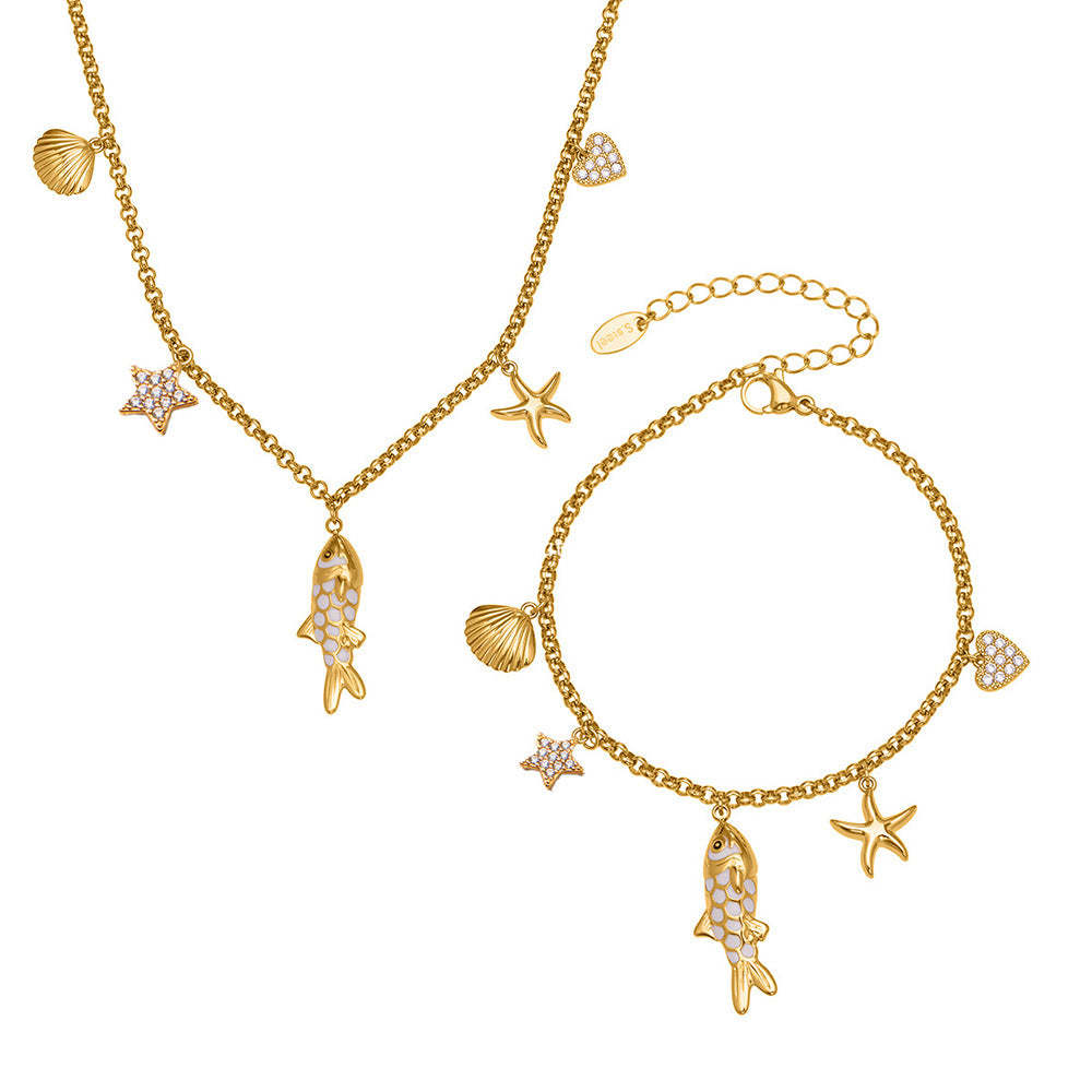 B廠-不鏽鋼ins小眾五角星鋯石滴油小魚兒多彩吊墜手鍊項鍊套裝「TXP484」25.11-4