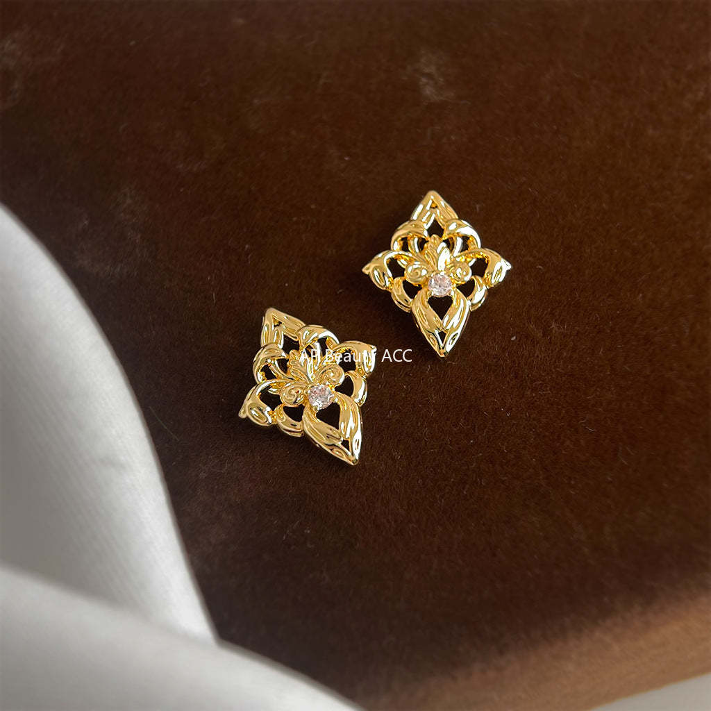 A廠-鳶尾花原創設計微鑲鋯石925銀針鍍14K時尚高級感輕奢風耳飾耳環女「7164」25.11-4