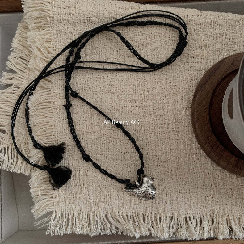 C廠-多寶滿足鳥串珠吊墜S925純銀項鍊女復古小眾高級感編織繩毛衣鏈「1633」25.12-3