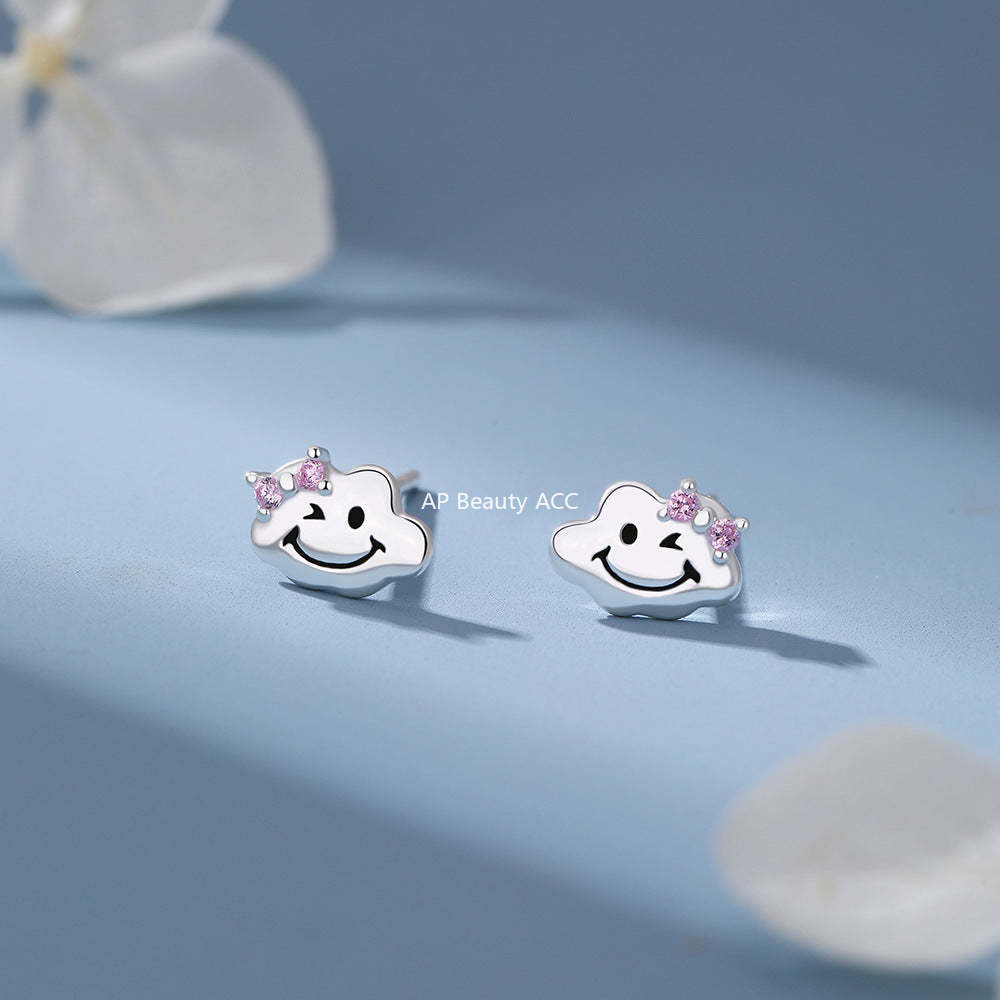 D廠-原創足銀S999雲朵笑臉耳環可愛卡通清新百搭甜美小眾簡約耳飾「YC3703E_1」25.12-2