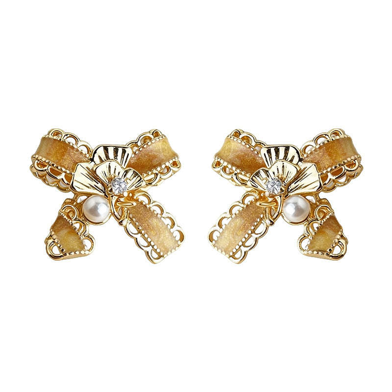 A廠-原創蝴蝶結銀杏葉手工彩繪925銀針鍍14K漸變色工廠耳飾耳環飾品女「7192」25.12-1