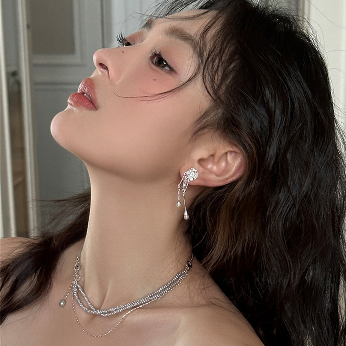 C廠-超仙珍珠花朵耳釘女小香風不對稱銀針流蘇耳環簡約高級感星星耳飾「EH-3983」25.10-2