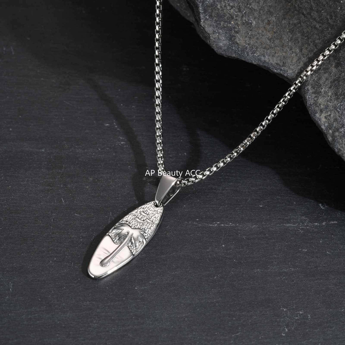 G廠-男士休閒度假風不鏽鋼橢圓椰樹吊墜項鍊 歐美時尚飾品批發「PN-2159」25.10-5