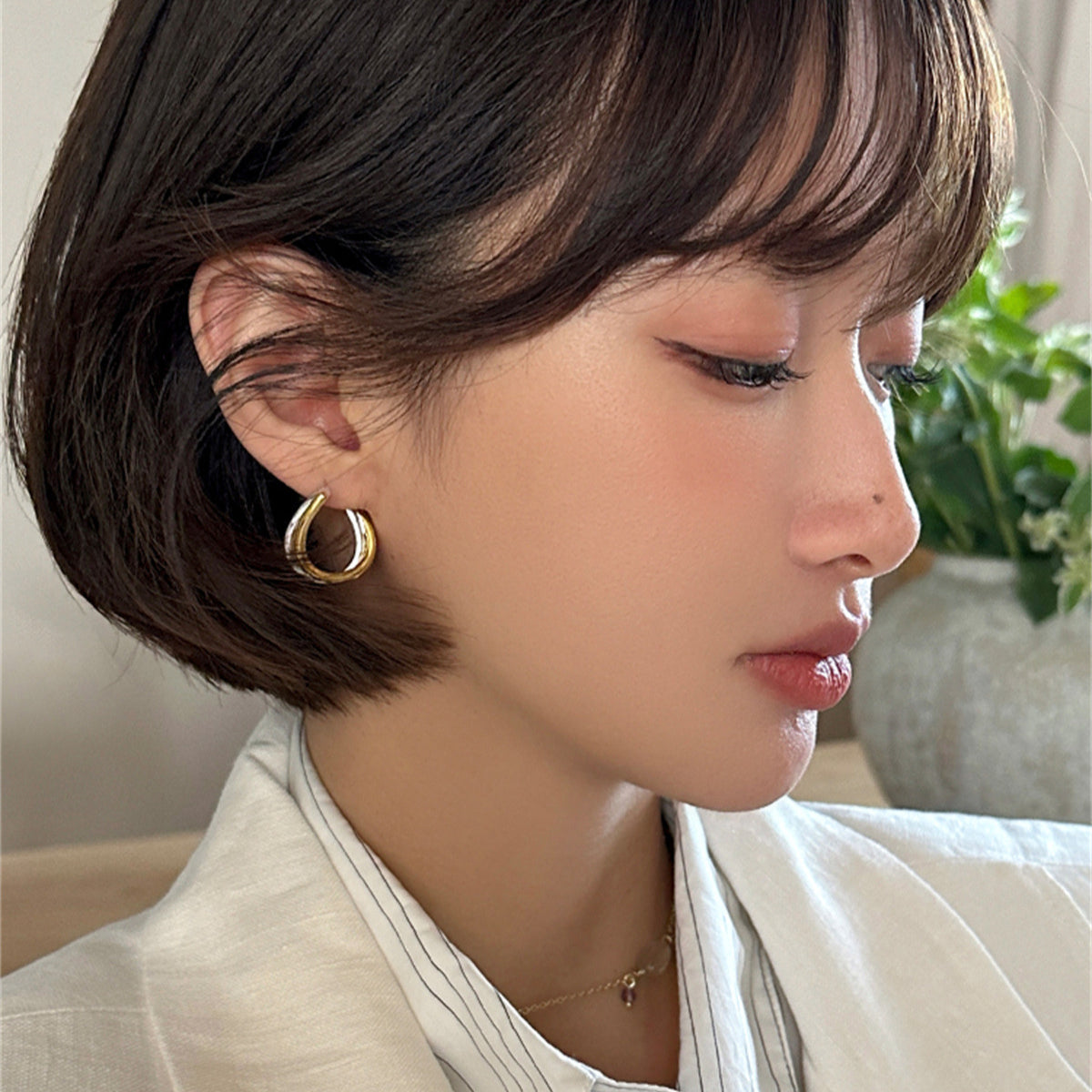 C廠-925銀針金銀撞色雙層疊戴耳環女小眾設計感輕奢時尚耳環精緻耳飾「EH-4012」25.09-2