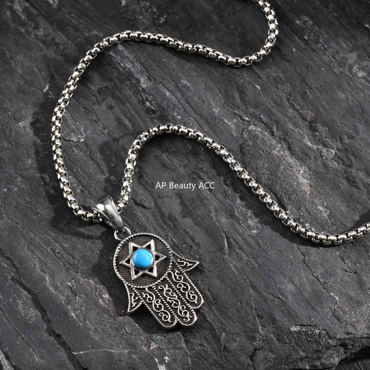 G廠-不鏽鋼項鍊批發個性六芒星綠松石法蒂瑪之手吊墜手掌鋼色「PN-2232」25.11-1