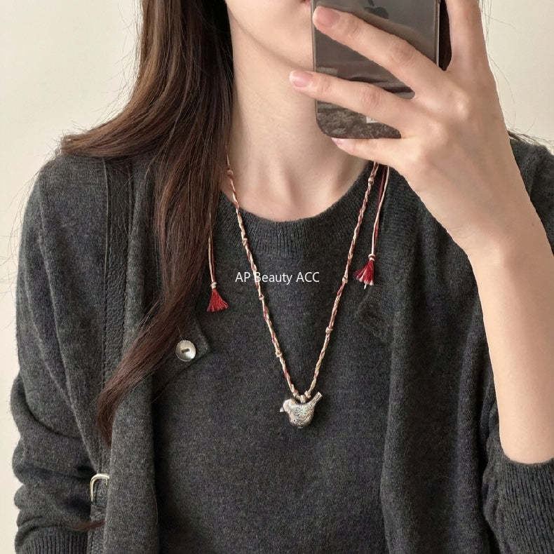 C廠-多寶滿足鳥串珠吊墜S925純銀項鍊女復古小眾高級感編織繩毛衣鏈「1633」25.12-3