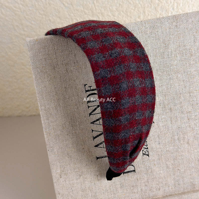 E廠-復古咖色格紋髮箍女日常外戴秋冬氛圍感寬邊頭箍高顱頂髮箍新款女「27632」25.11-1