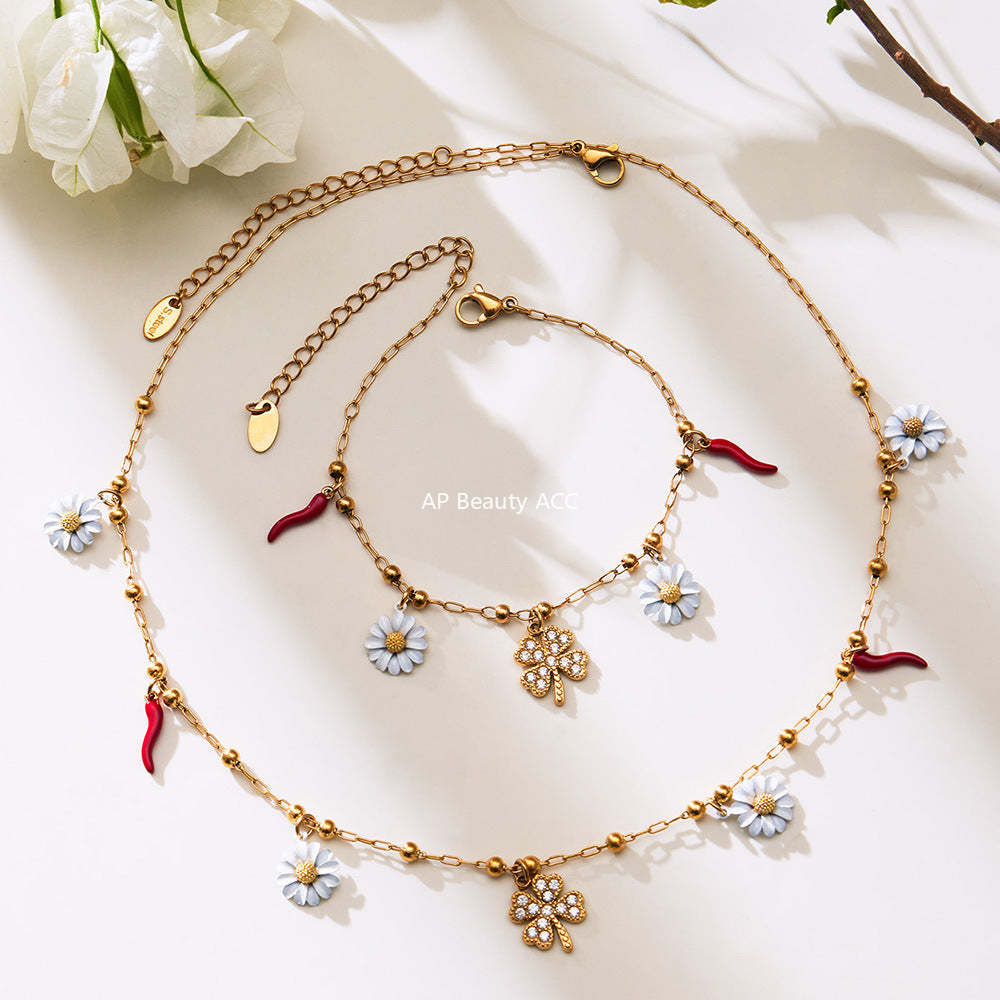 B廠-5A鋯石幸運草法國小雛菊多吊墜項鍊手鍊套裝不鏽鋼珠寶首飾「TXP483」25.11-4