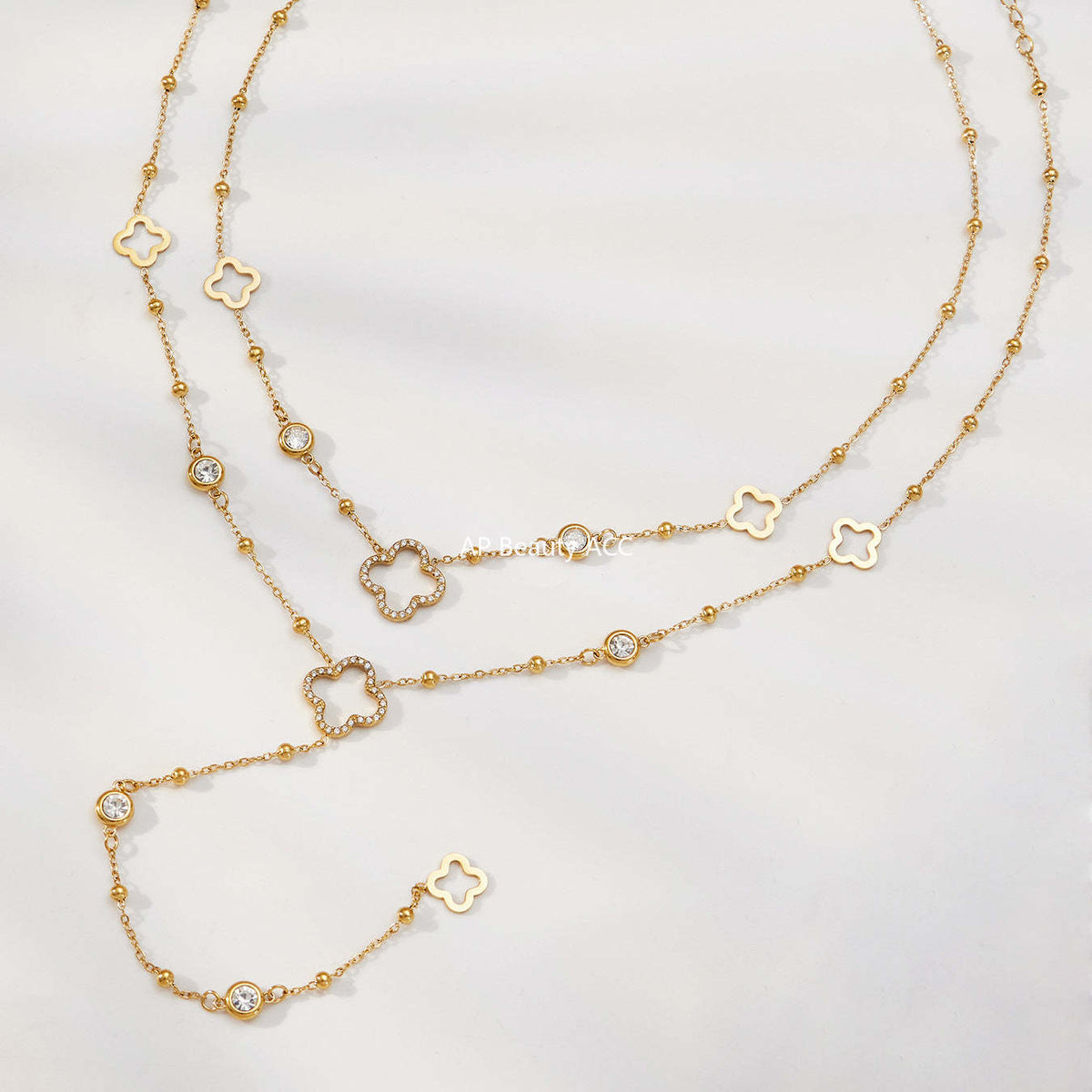 B廠-不鏽鋼5A鋯石Y字花朵流蘇項鍊鍍18k真金歐美時尚簡約輕奢珠寶首飾「P664」25.12-3