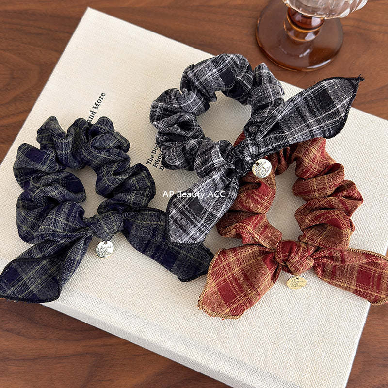 E廠-復古格紋學院風蝴蝶結髮圈減齡時尚百搭髮繩皮筋小腸髮圈頭飾品「27646」25.11-1
