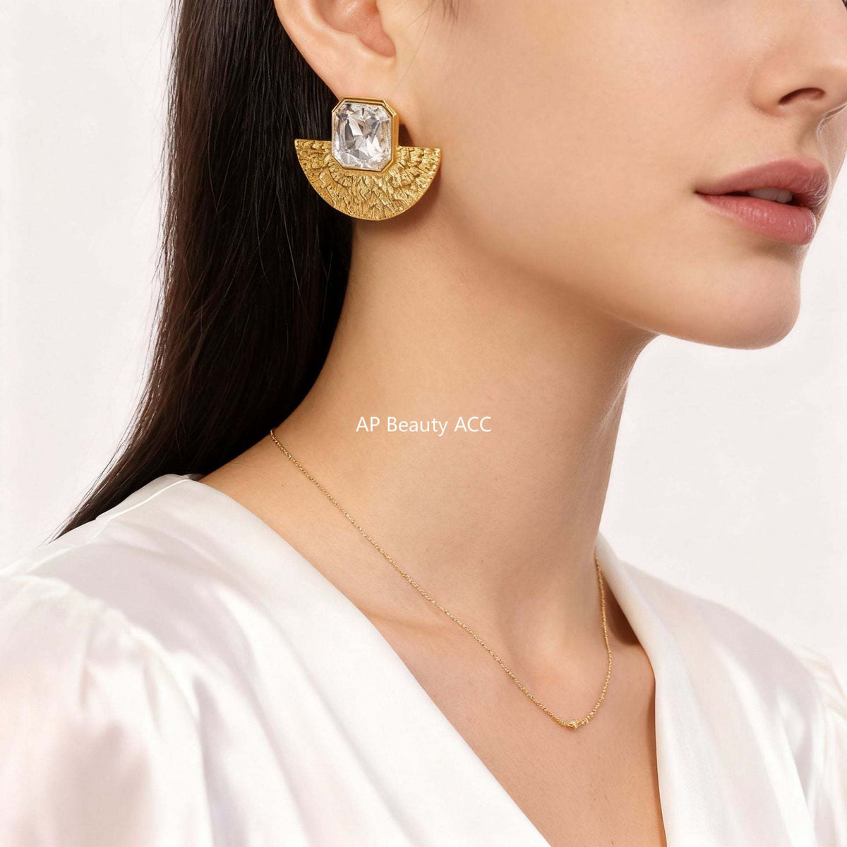 B廠-韓系小眾誇張鈦鋼玻璃石耳飾扇形火山紋理造型金色保色女個性項鍊「F1153-P1690」25.12-1