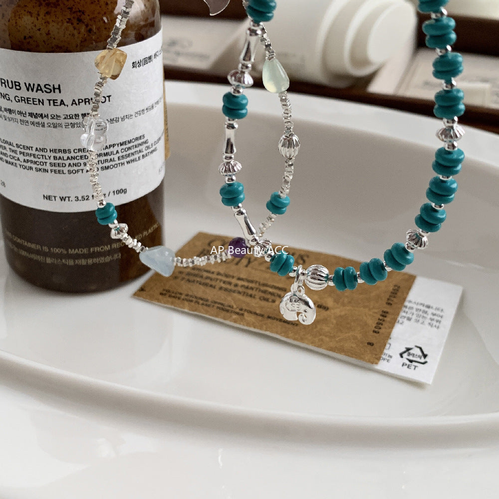 C廠-國朝新中式古風吉祥大象小象鋁鎂礦仿綠松石天然石S925純銀手鍊「1547-1548」25.11-2