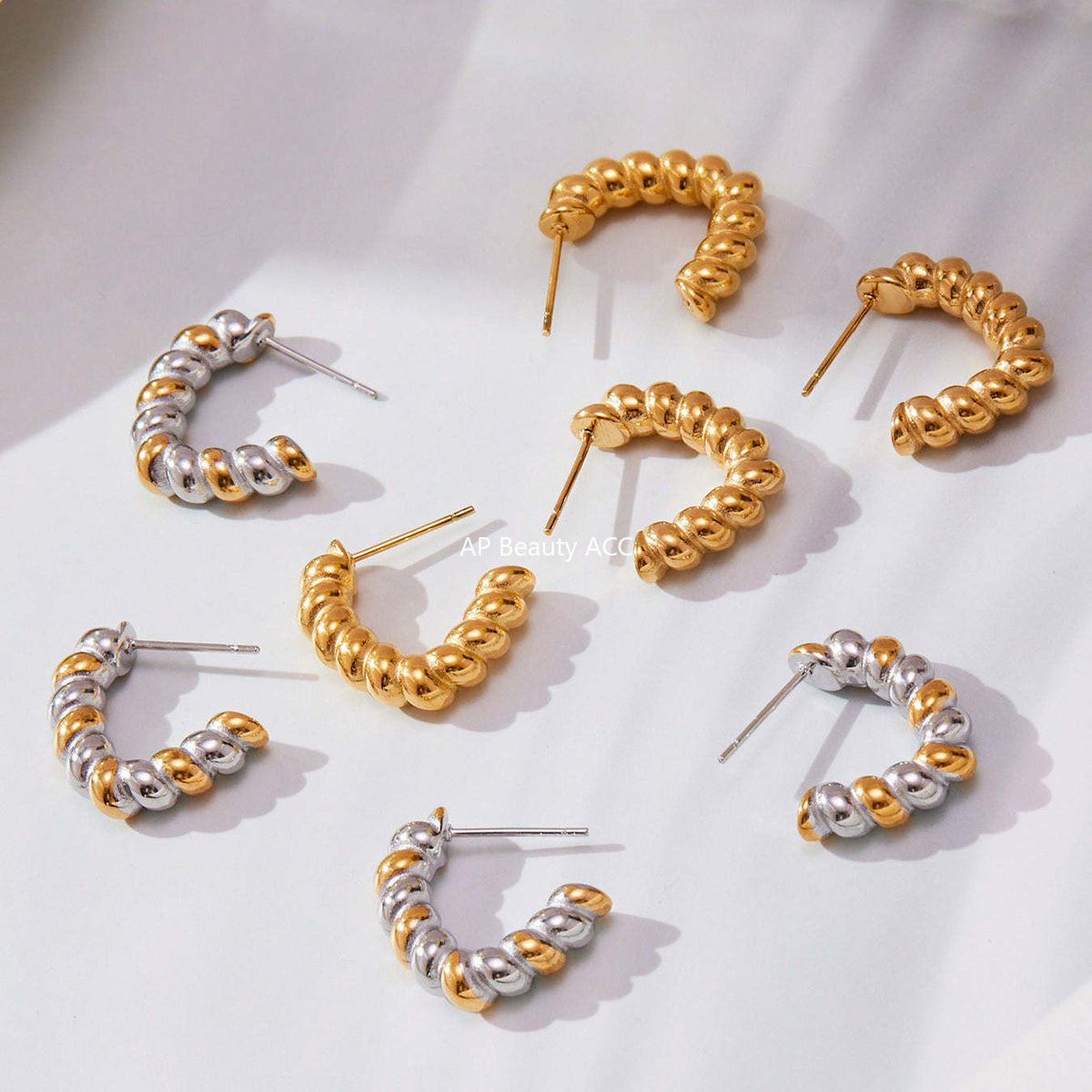 B廠-不鏽鋼重工螺紋麻花形狀耳環拼色間電鍍18k金簡約新潮耳釘「F970」25.10-5