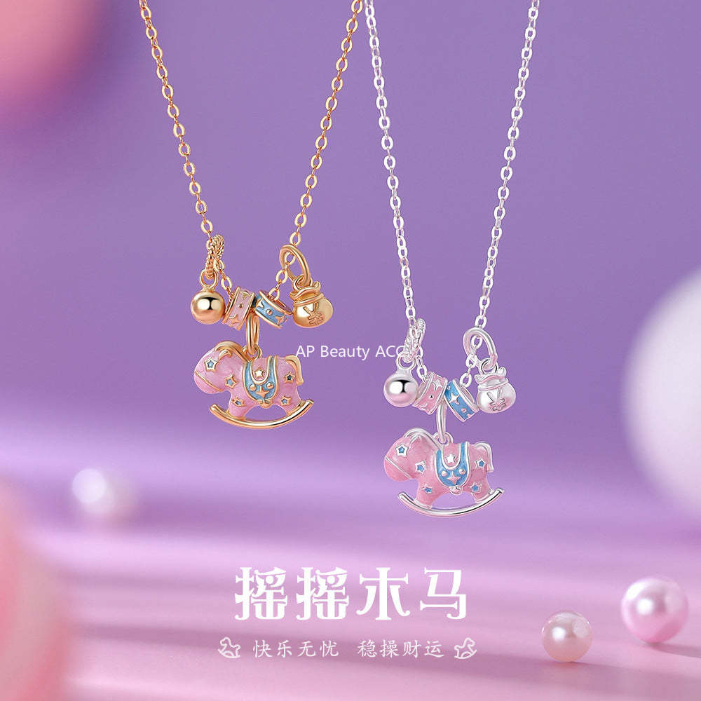 D廠-原創足銀S999搖搖馬項鍊女生肖馬多巴胺童趣國風創意鎖骨鏈批發「YC1589N_1」25.12-1