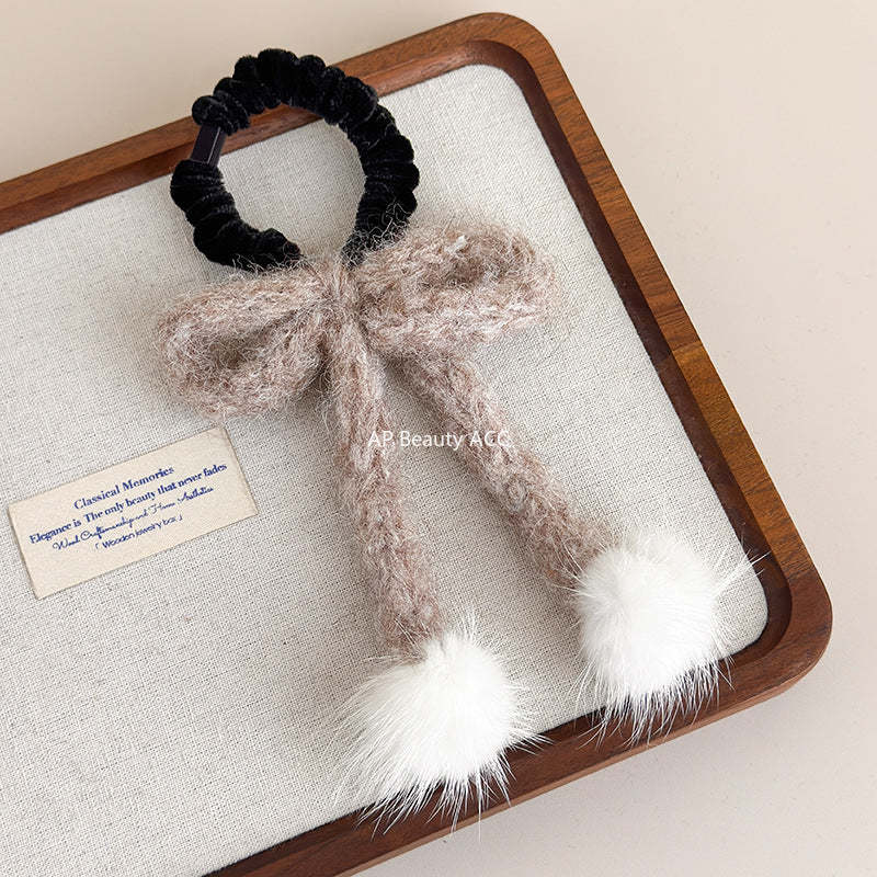 E廠-秋冬日系甜美毛線蝴蝶結髮圈少女白色毛球飾品可愛髮繩扎頭髮皮筋「26334」25.11-3