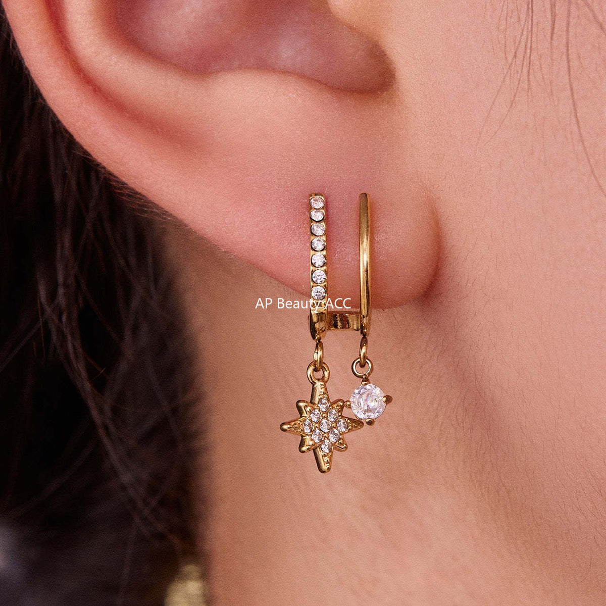 B廠-不鏽鋼5A鋯石雙層爪鑽超閃八芒星吊墜耳環跨境氣質百搭耳飾「F1327」25.10-5