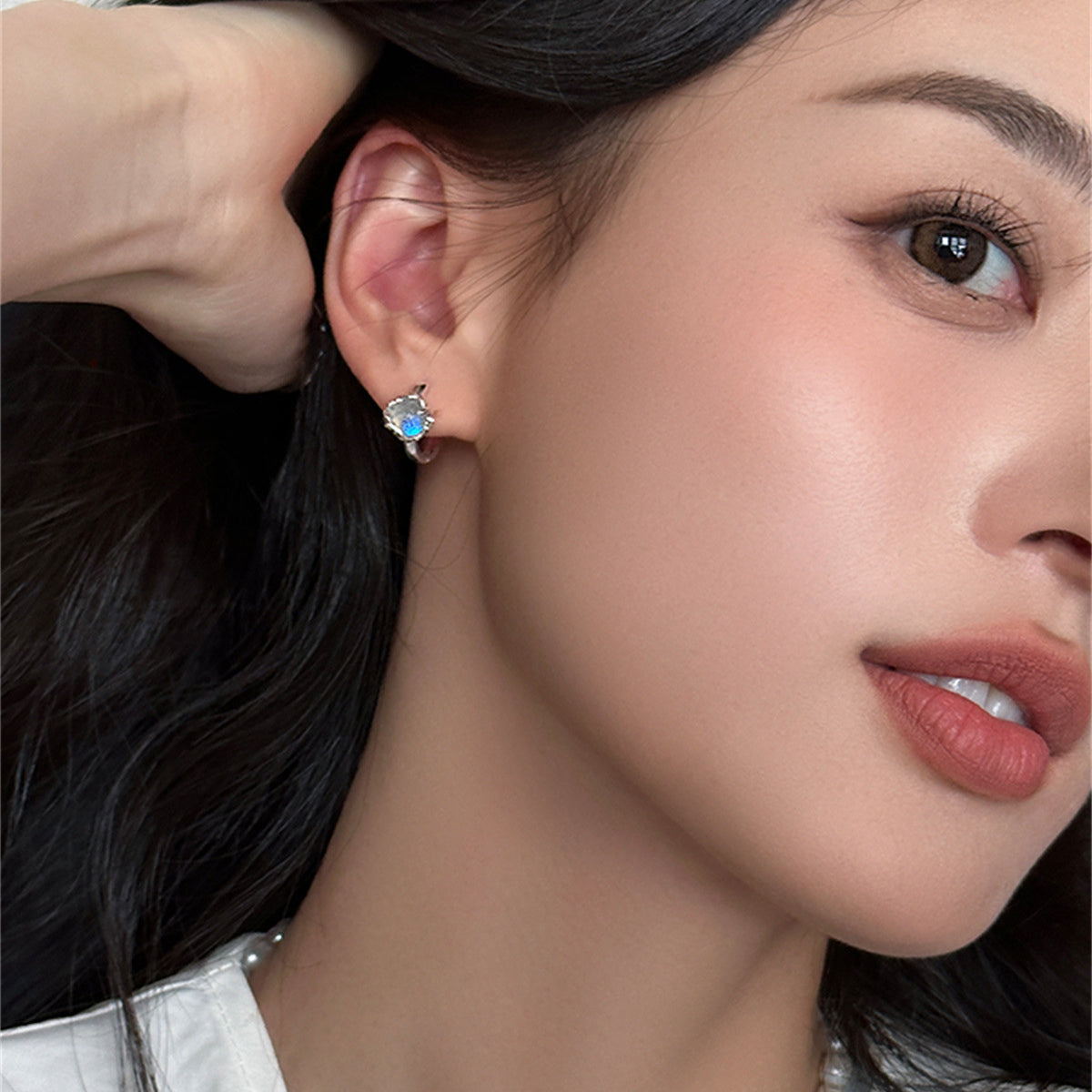 C廠-輕奢甜美月光石耳環女設計感高級小眾復古銀針耳圈百搭氣質耳扣「EH-3690」25.06-4