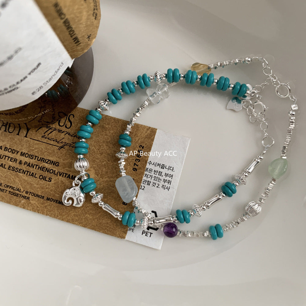 C廠-國朝新中式古風吉祥大象小象鋁鎂礦仿綠松石天然石S925純銀手鍊「1547-1548」25.11-2