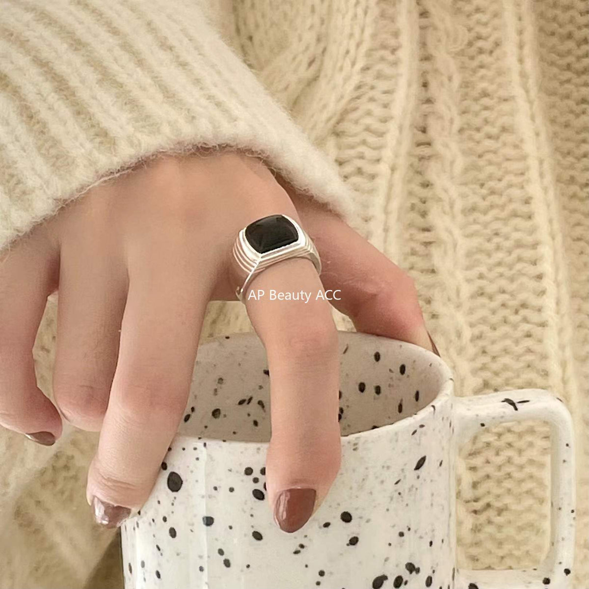 F廠-韓國韓版飾品S925純銀戒指個性首飾時尚氣質可調節黑瑪瑙戒指「J1709」25.12-1