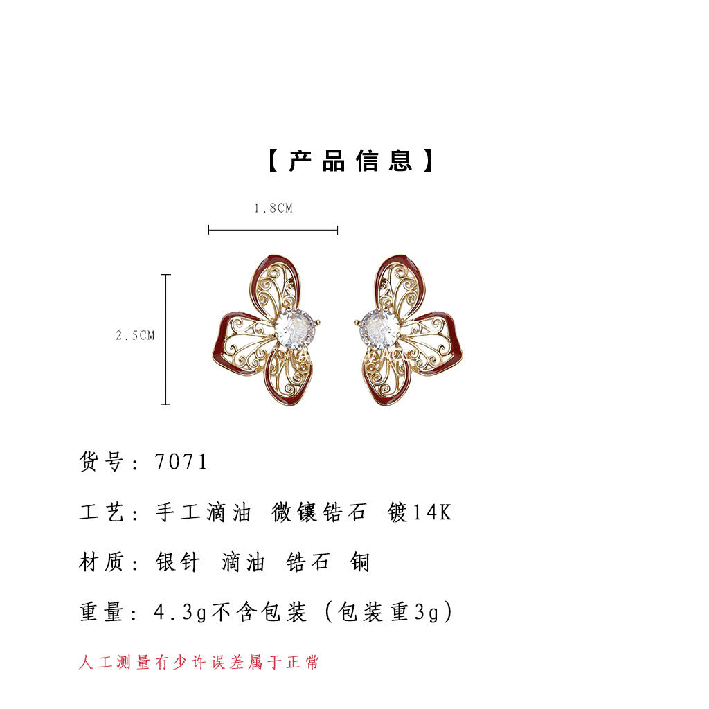 A廠-新中式文藝復古微鑲鋯石925銀針琺瑯滴釉鏤空花朵新款爆款耳飾「7071」25.11-2
