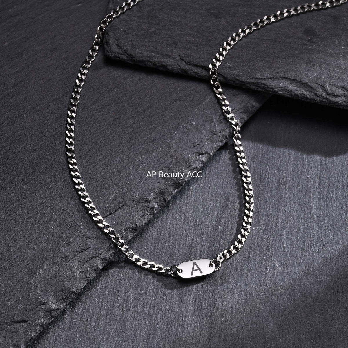G廠-不鏽鋼磨鏈橢圓牌嘻哈小眾設計英文字母項鍊鋼色「NC-1898S」25.11-3