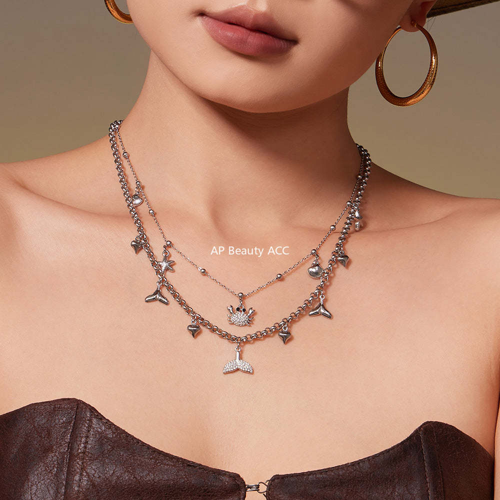 B廠-不鏽鋼DIY熱銷新款貝殼螃蟹5A鋯石帶鑽吊墜海洋沙灘風項鍊「P826」25.11-4