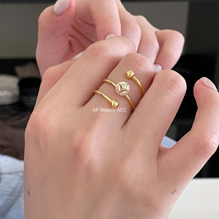 C廠-法式氣質名媛高級感珍珠戒指女百搭純銀疊戴風旋轉四芒星食指戒「JZ-0715」25.10-5