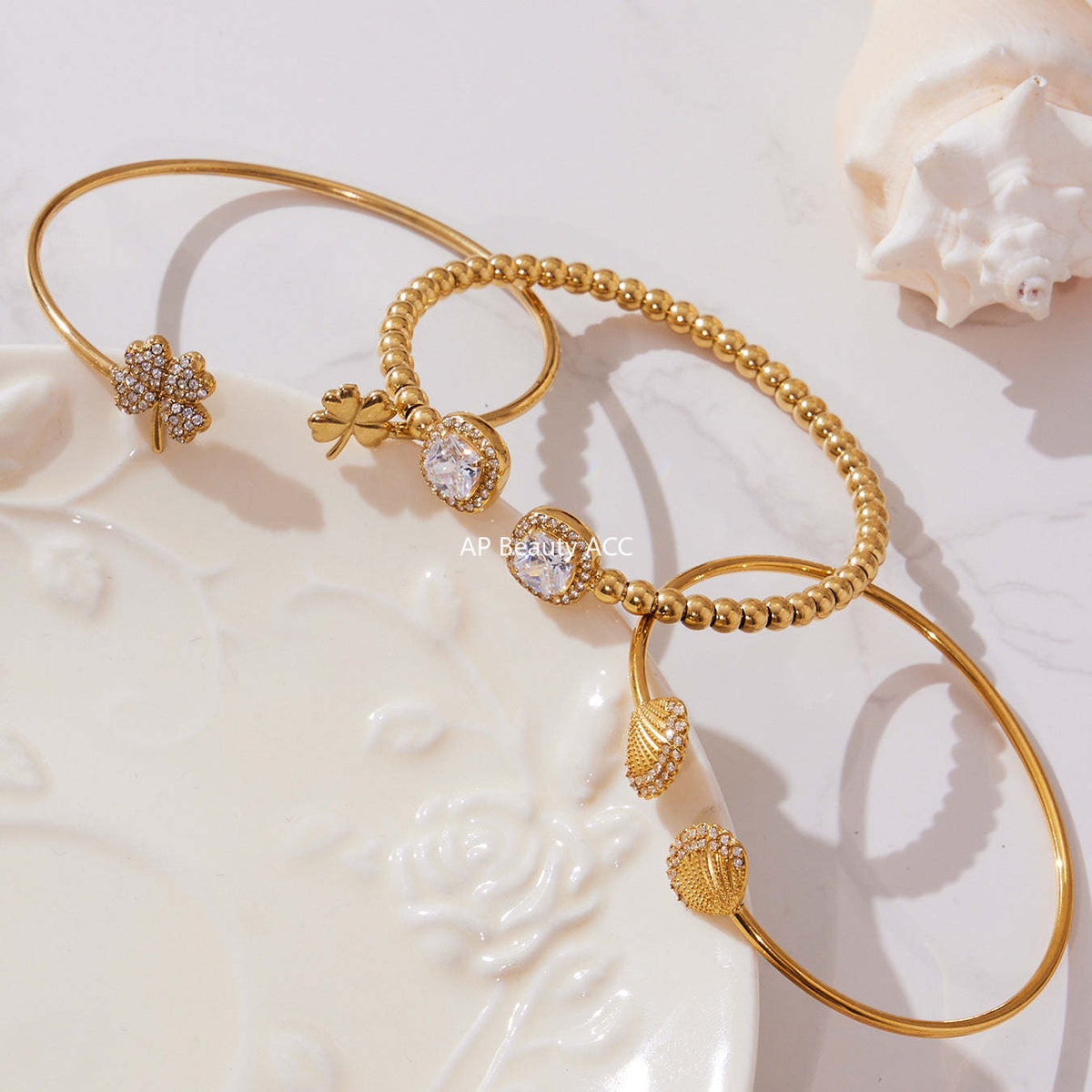 B廠-超閃5A鋯石鋼珠開口彈力繩手鐲不鏽鋼材質鍍18k真金不掉色「Z503-Z504-Z505」25.10-5