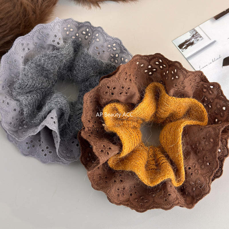 E廠-秋冬韓系毛線針織蕾絲大腸髮圈女超大丸子頭低馬尾頭繩慵懶風頭飾「27752」25.12-1