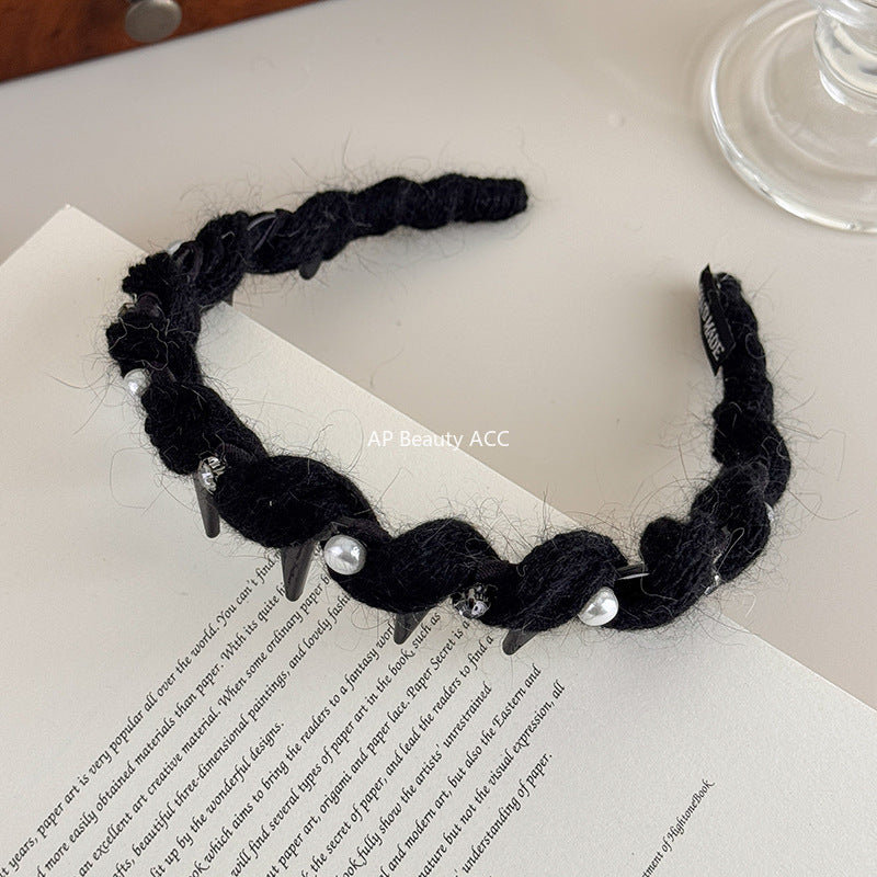 E廠-韓系閃鑽珍珠毛線波浪髮箍女高顱頂頭箍帶齒防滑外戴髮卡壓髮頭飾「27663」25.11-2