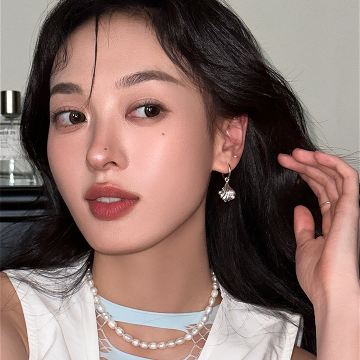 C廠-法式清冷感珍珠耳環女小眾時尚設計海星貝殼耳扣度假風不對稱耳飾「EH-3682」25.06-4