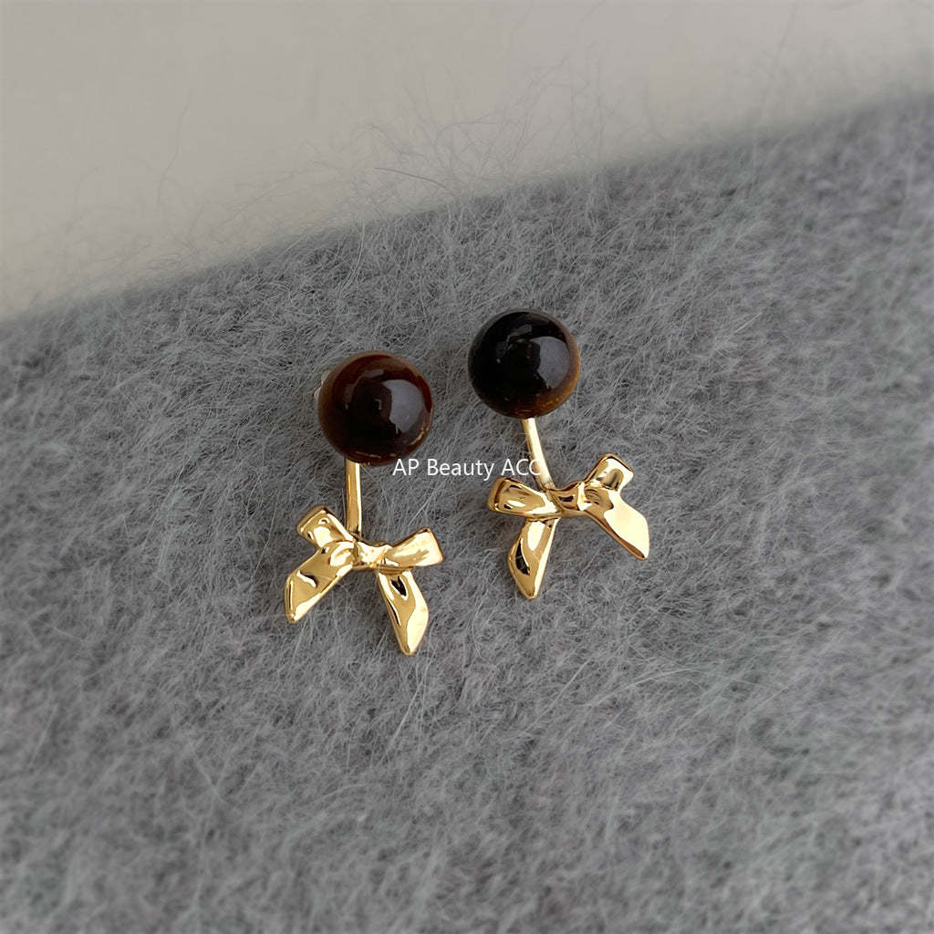 A廠-時尚高級感一款兩戴天然石虎眼石蝴蝶結耳環女文藝復古美拉德耳飾「7210」25.12-2