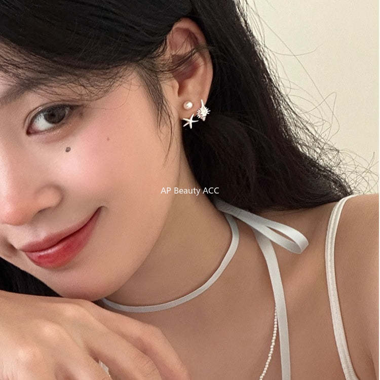 C廠-後掛式珍珠耳釘女小眾設計感海星海螺耳環5新爆銀針耳飾「EH-3098.eb-SJ」25.12-1