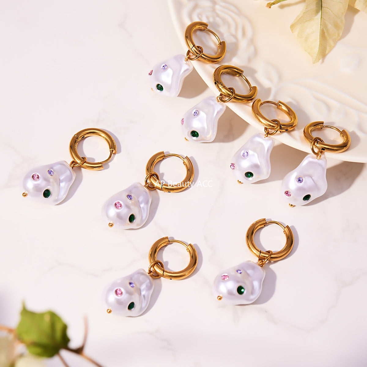 B廠-不鏽鋼異形巴洛克膠珠耳環鍍18k金彩色水鑽時尚輕奢耳飾女「F810」25.11-1