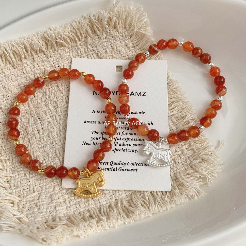 C廠-luck小木馬S925純銀小馬紅瑪瑙米珠手鍊S925純銀手鍊女士2026馬年「1652」25.12-3