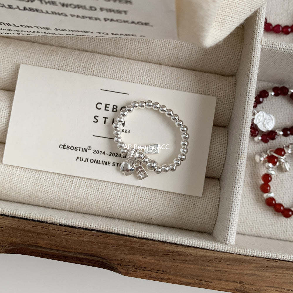 C廠-古風花朵葉子福袋小馬元寶蘋果紅瑪瑙彈力戒指S925純銀戒指女士「RB」25.11-4