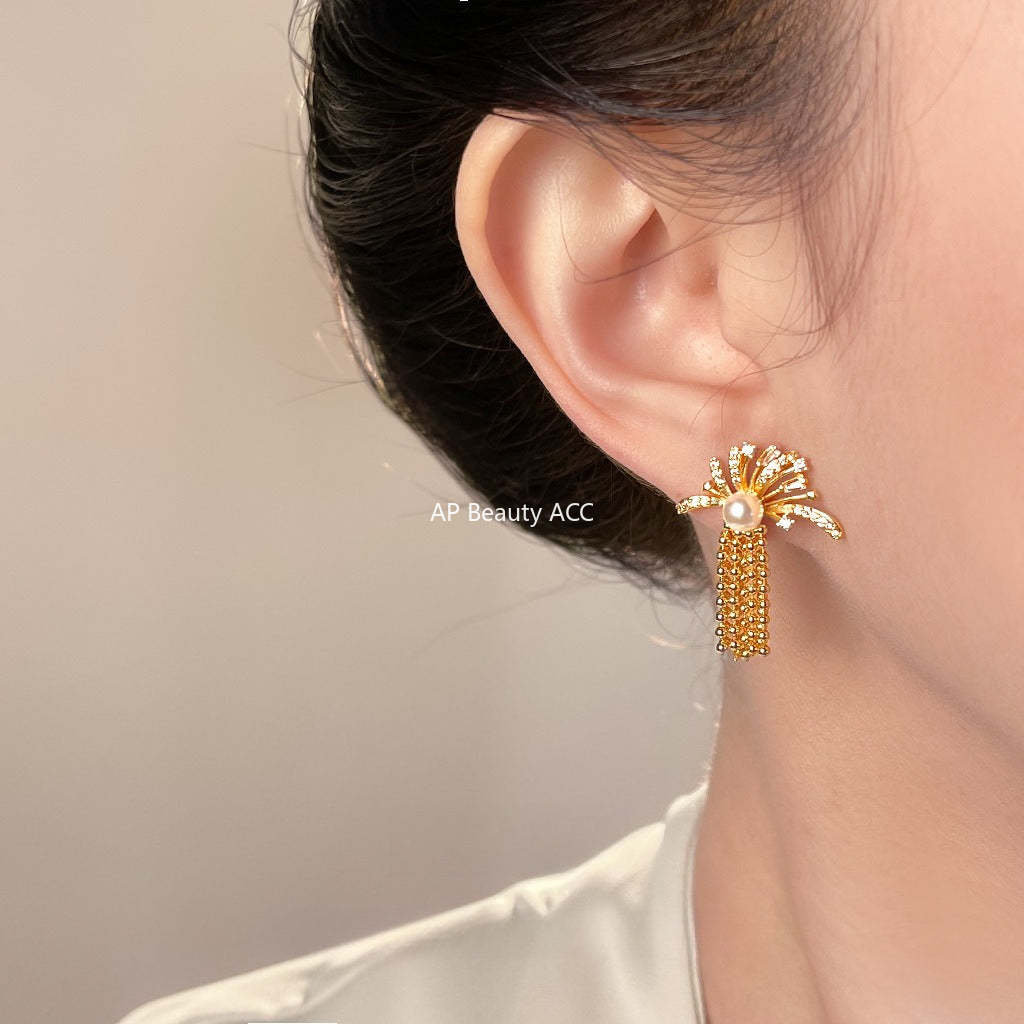 A廠-微鑲鋯石時尚高級感煙火流蘇S925銀針新款耳環女小眾設計創意耳飾「7136」25.11-4