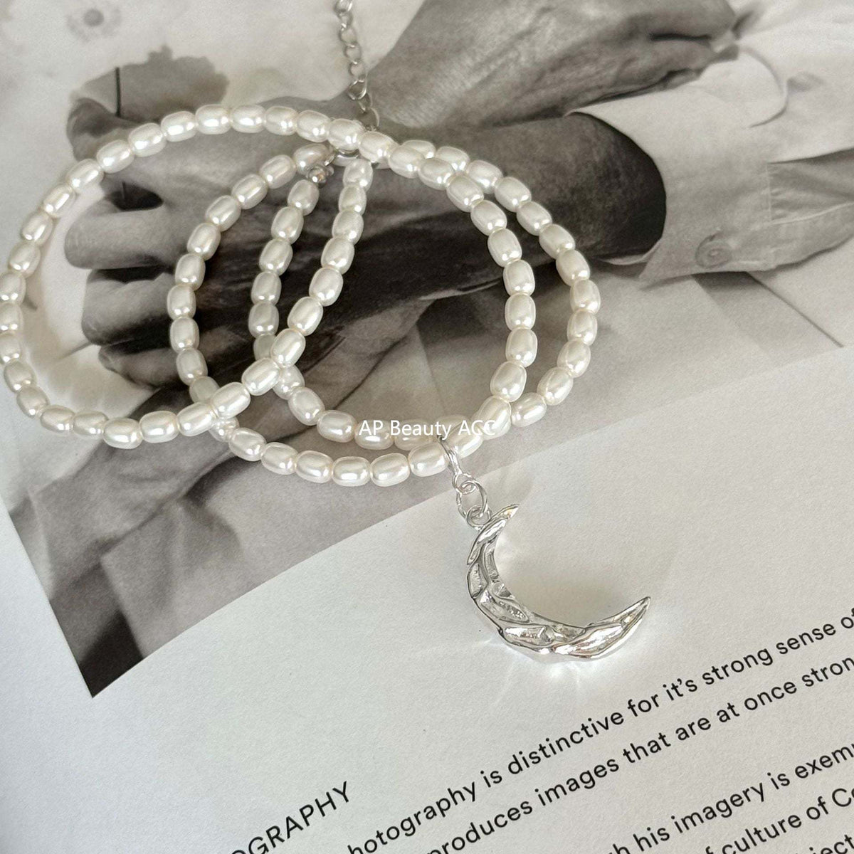 F廠-韓國韓版飾品925純銀項鍊褶皺波紋月亮人造珍珠項鍊頸鏈「B869」25.10-5