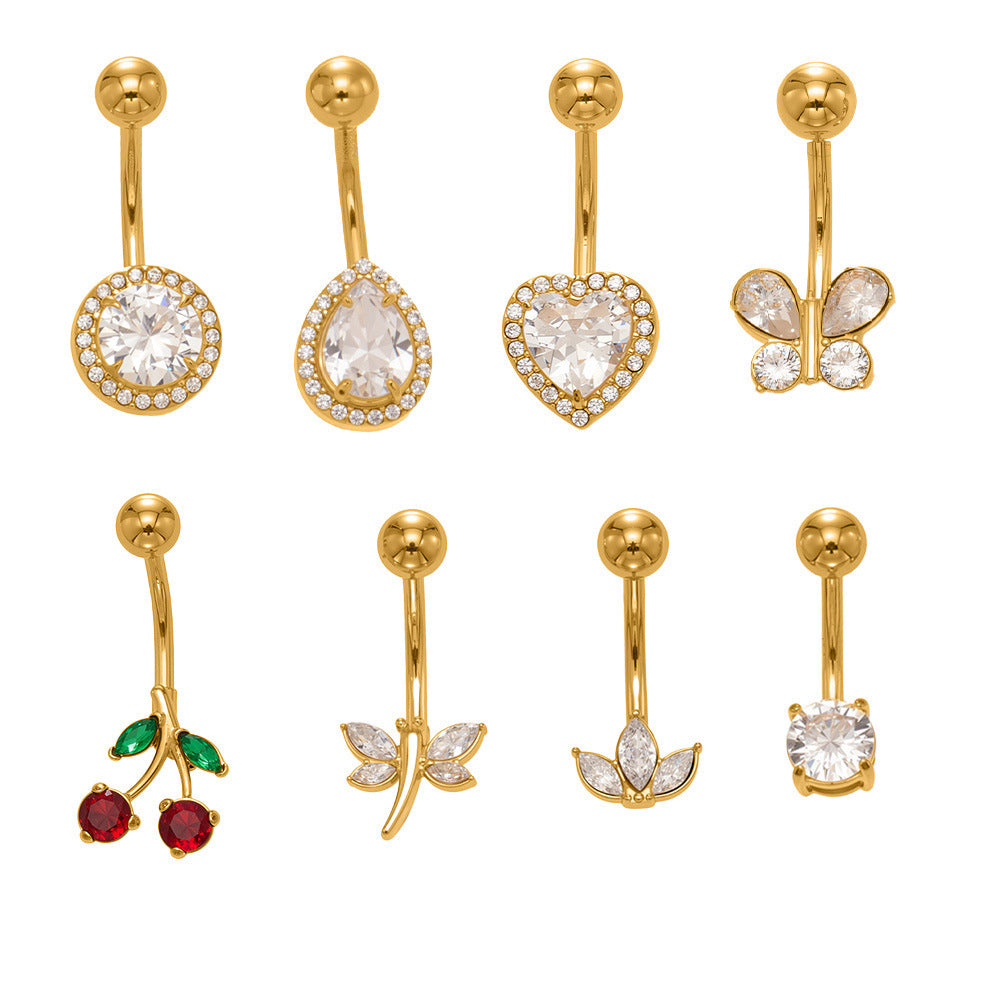 B廠-超閃5A鋯石愛心水滴造型肚臍釘不鏽鋼18k鍍金歐美穿刺飾品「H001」25.11-2