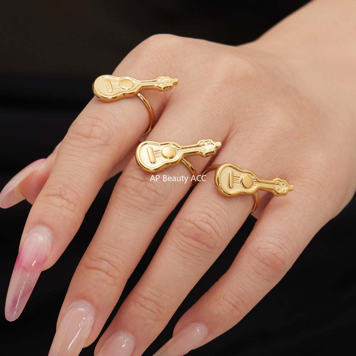 B廠-不鏽鋼小吉他開口戒指鍍18k真金學院風個性潮酷配飾ins小眾設計感「A542」25.12-3