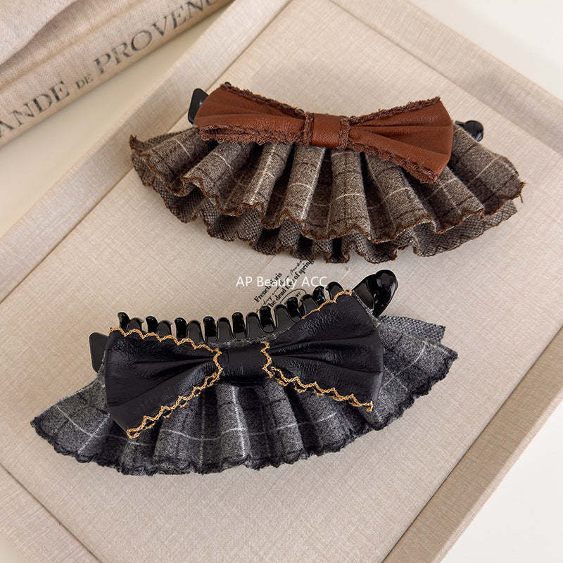 E廠-復古格紋學院風可露麗香蕉夾後腦勺蝴蝶結髮夾髮卡竪式高馬尾髮飾「27719」25.11-4