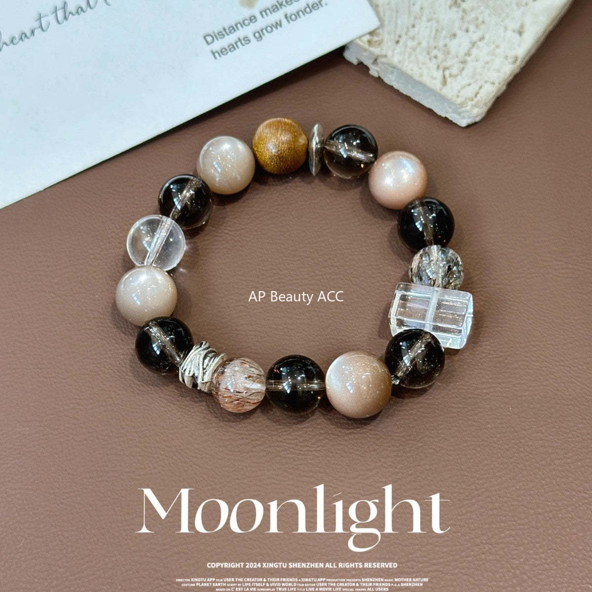 AS廠-天然奶茶月光白水晶手串茶晶黑金超轉運招財小眾設計美拉德手「l2969」25.10-5