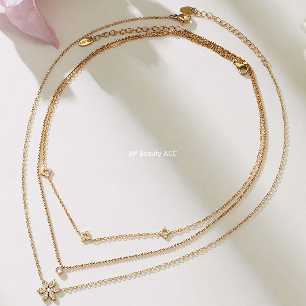 B廠-簡約時尚花朵滿鑽鋯石吊墜雙層疊戴項鍊不鏽鋼手鍊戒指套裝「TXP492」25.11-4