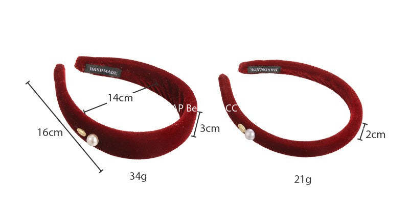 E廠-復古港風絲絨頭箍喜慶紅色絨面珍珠銘牌寬窄髮箍新款新年時尚髮卡「27822」25.12-3