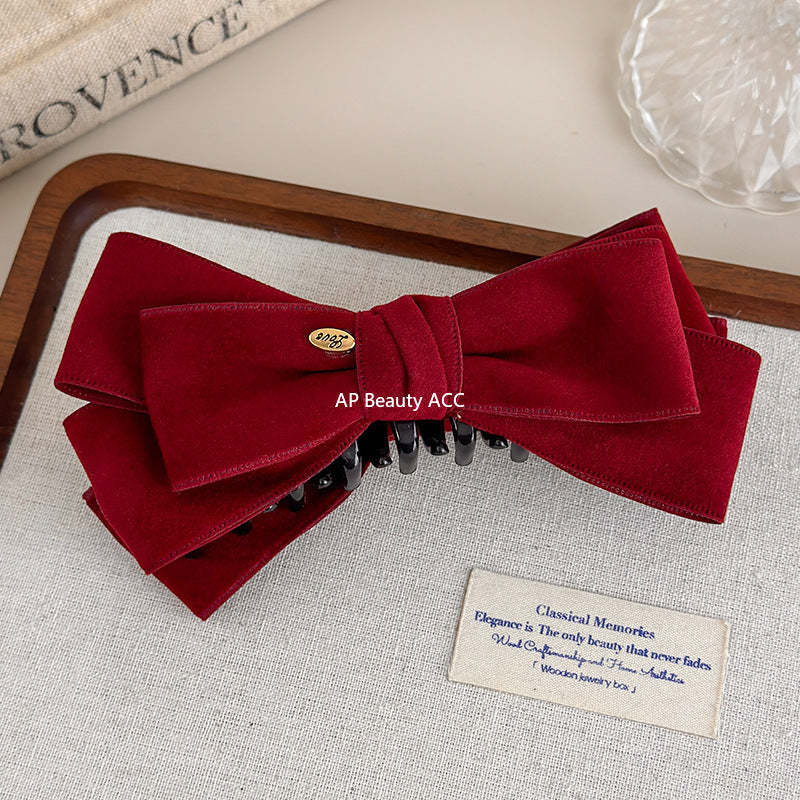 E廠-美拉德麂皮蝴蝶結金標香蕉夾蓬松顯髮量高馬尾抓夾優雅半扎髮夾子「27621」25.11-1