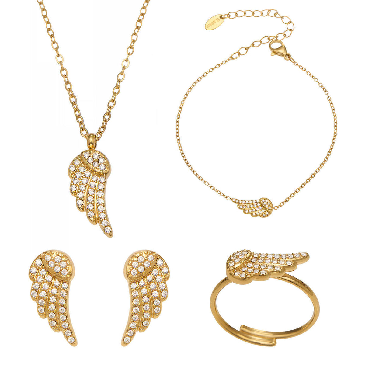 B廠-超閃5A鋯石小翅膀造型手鍊項鍊耳環戒指套裝不鏽鋼鍍18k金「TXP486」25.11-4