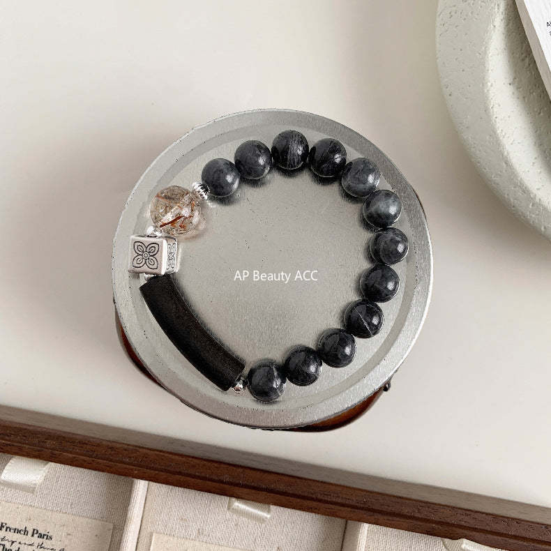 C廠-藏式古風 花朵方糖天然黑金超七水晶沈香木半鐲墨玉手串手工手鍊「1611」25.11-4