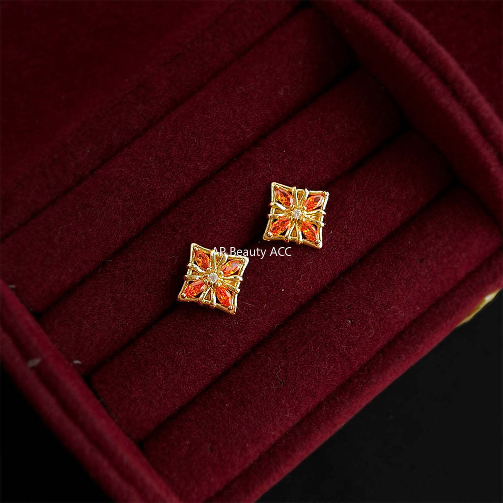 A廠-原創時尚高級感925銀針微鑲鋯石橘紅色新款小耳環「7251」25.12-3